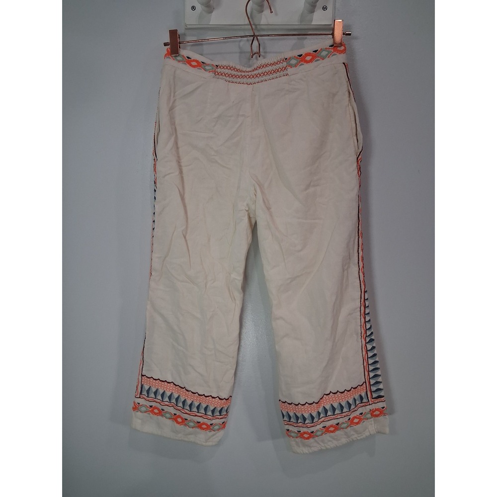 Anthropologie Embroidered Cotton Linen Crop Pants Ivory Orange Blue Women US 0 - Picture 5 of 8